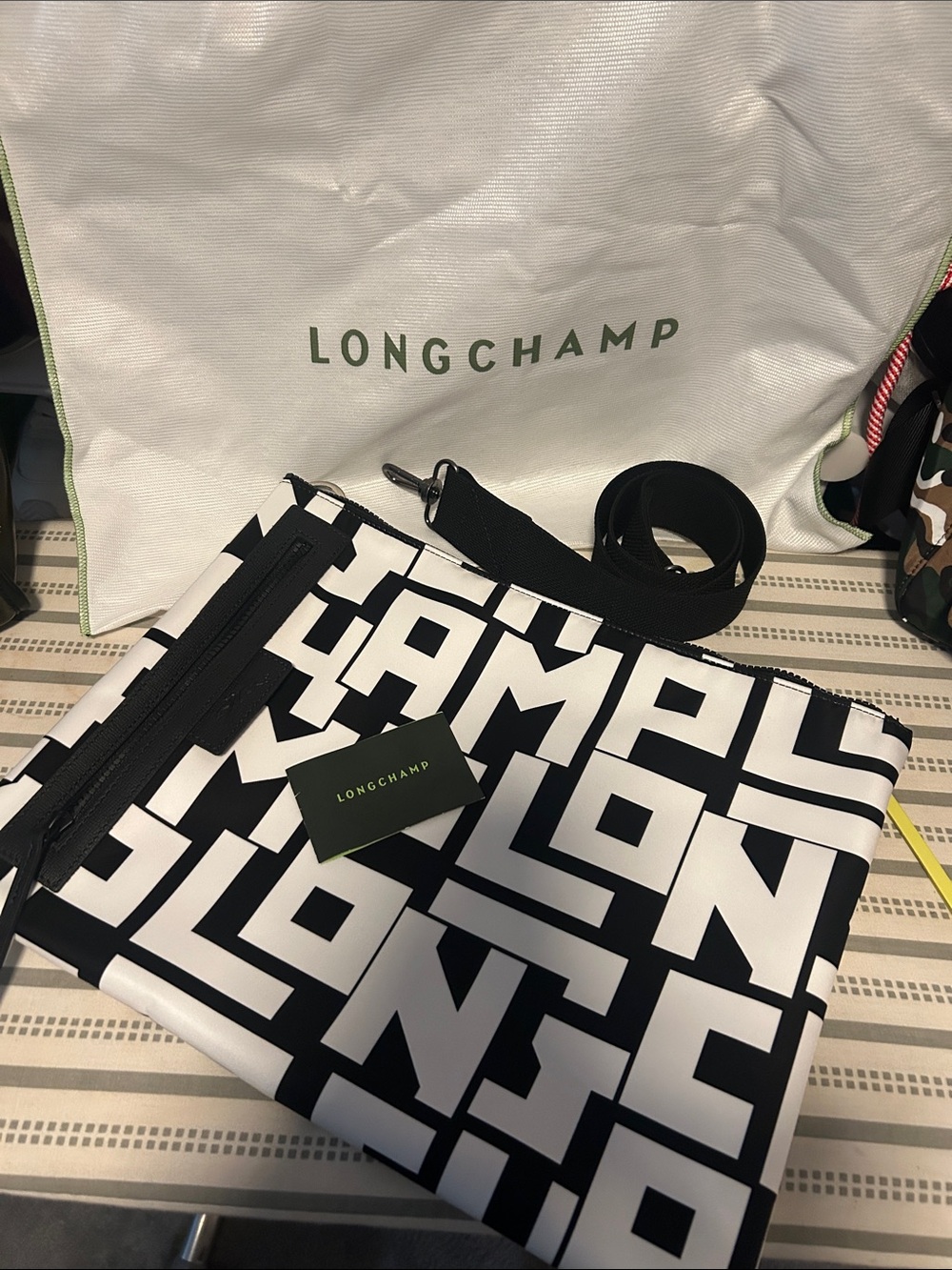 Longchamp Black and White Logo New   large Graphic Crossbody